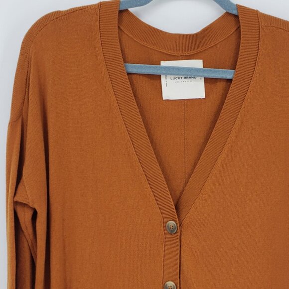 Lucky Brand Relaxed Fit V Neck Cardigan‎ Sweater S Womens Cotton Cashmere Brown - Picture 4 of 9
